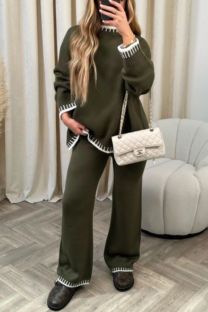Conjunto informal de dos piezas con cuello redondo, manga larga y parches sólidos