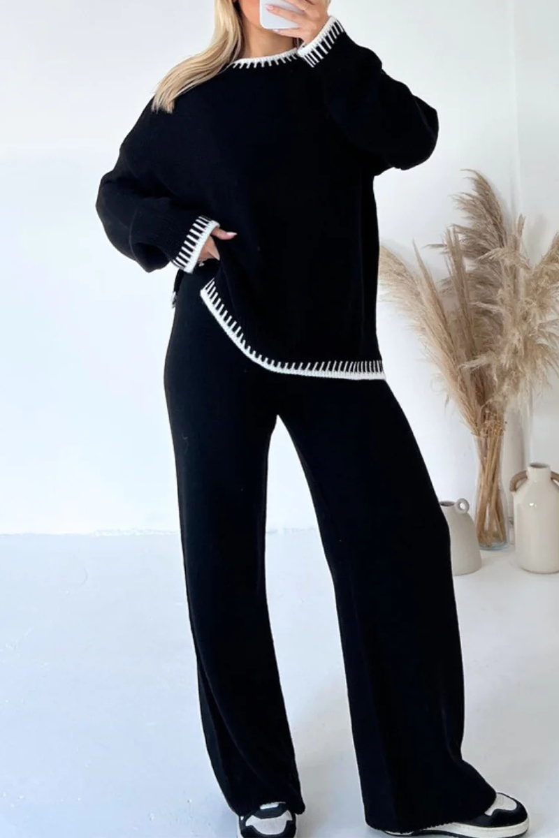 Conjunto informal de dos piezas con cuello redondo, manga larga y parches sólidos