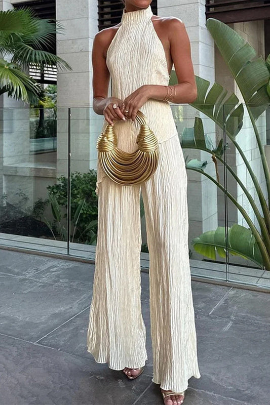 Conjunto de dos piezas informal, sencillo, liso, con pliegues, asimétrico, sin mangas y cuello halter