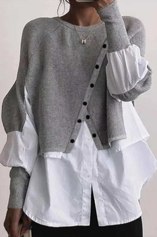 Blusas casuales de cuello redondo con botones y patchwork liso (6 colores)