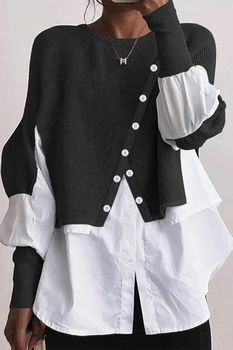 Blusas casuales de cuello redondo con botones y patchwork liso (6 colores)