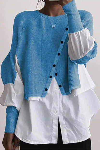Blusas casuales de cuello redondo con botones y patchwork liso (6 colores)