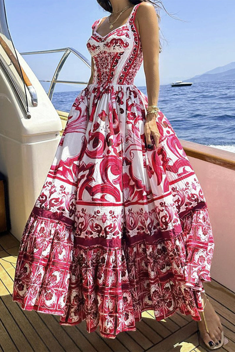 Elegante vestido estampado de vacaciones con cuello cuadrado y patchwork