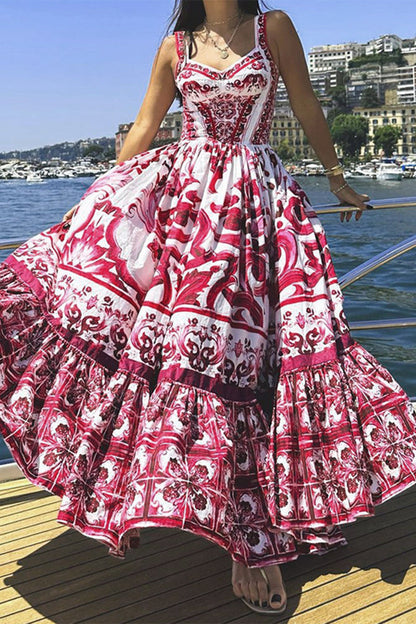 Elegante vestido estampado de vacaciones con cuello cuadrado y patchwork