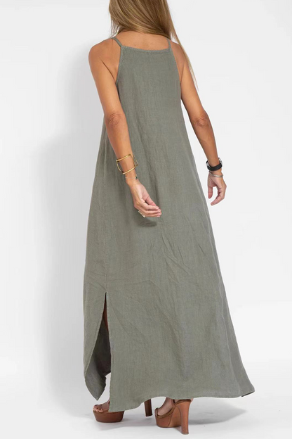 Vestido informal sencillo, liso, con abertura y cuello redondo, sin mangas (3 colores)