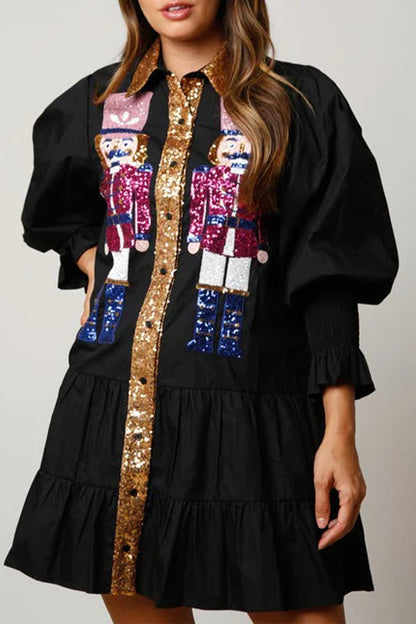 Vestidos de manga larga con cuello vuelto, contraste y lentejuelas lisas