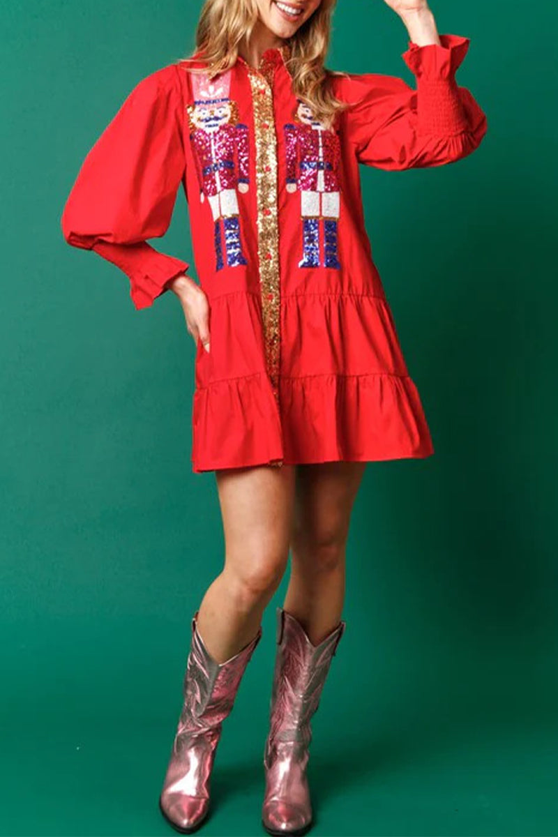 Vestidos de manga larga con cuello vuelto, contraste y lentejuelas lisas