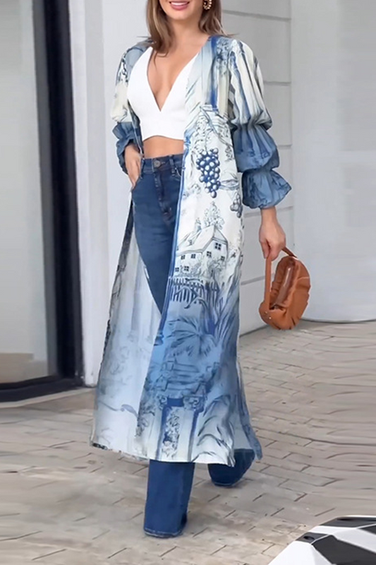 Tops casuales con cuello tipo cárdigan con abertura y estampado floral