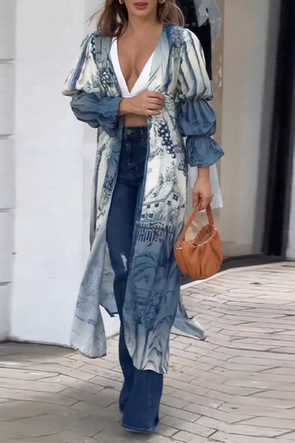 Tops casuales con cuello tipo cárdigan con abertura y estampado floral