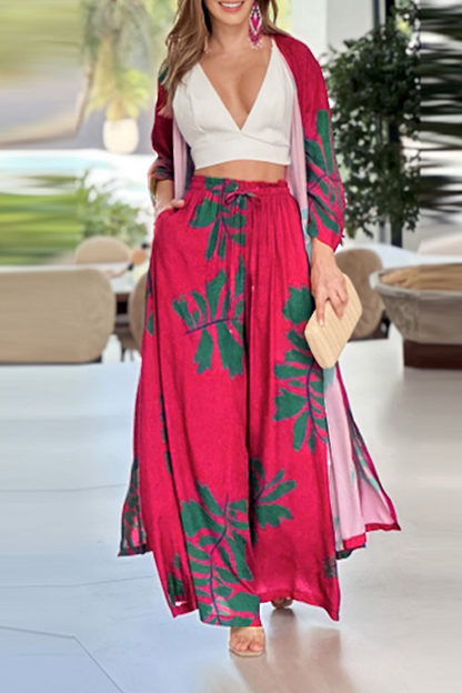 Cárdigan informal de dos piezas con bolsillos y estampado floral, cuello redondo y manga larga