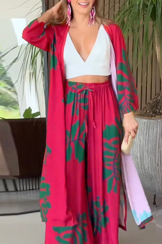 Cárdigan informal de dos piezas con bolsillos y estampado floral, cuello redondo y manga larga