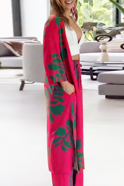 Cárdigan informal de dos piezas con bolsillos y estampado floral, cuello redondo y manga larga