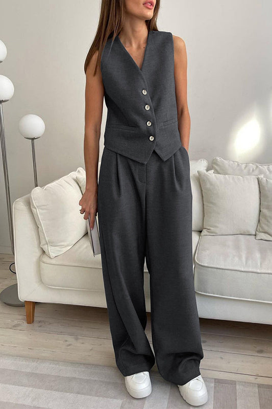 Conjunto de dos piezas con escote en V, sin mangas, estilo británico, sencillo, liso, con bolsillos
