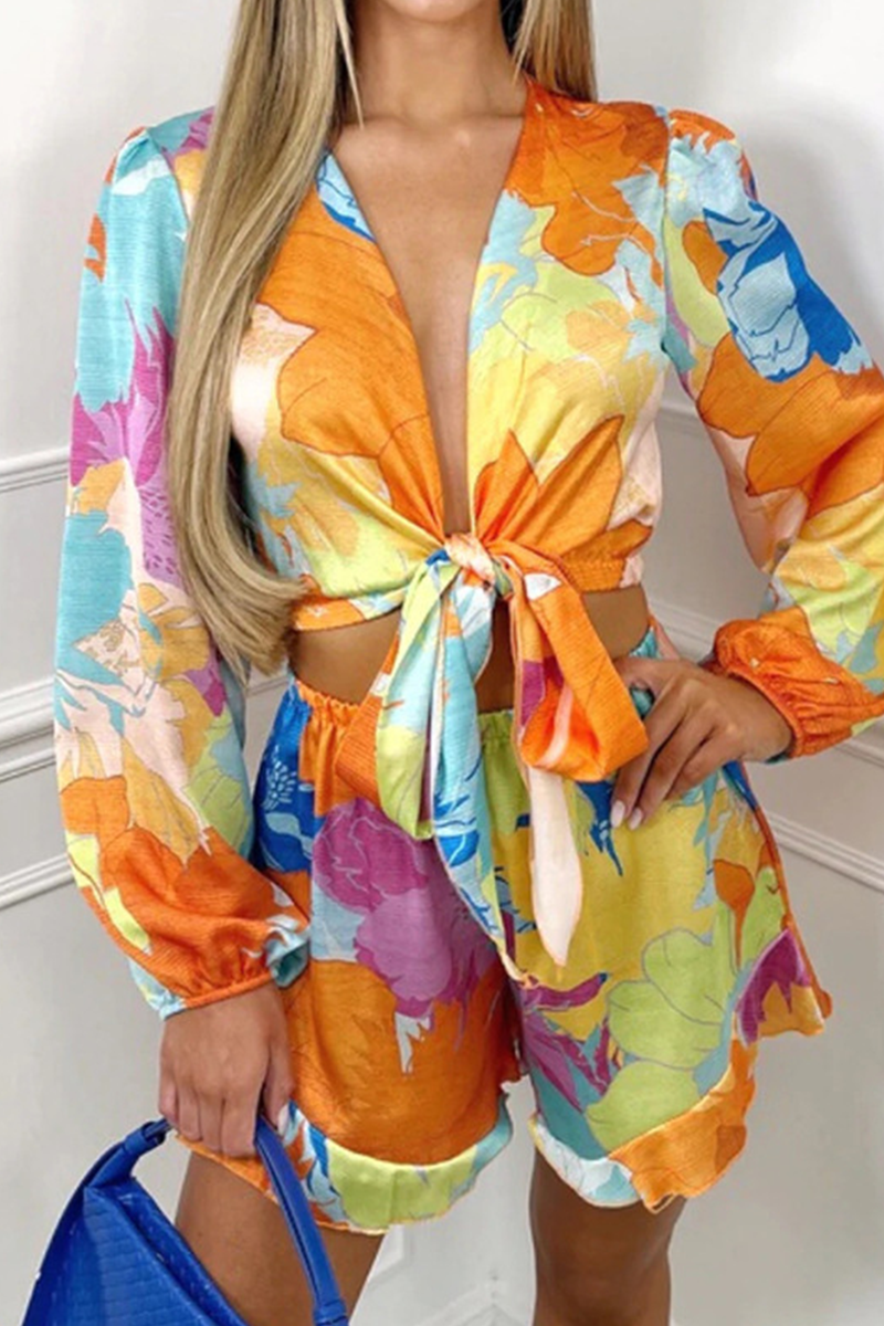 Conjunto informal de dos piezas con cuello en V, manga larga y estampado de frenillo sin posicionamiento