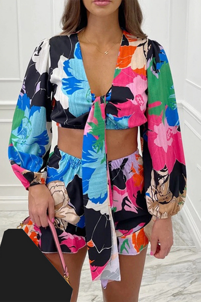 Conjunto informal de dos piezas con cuello en V, manga larga y estampado de frenillo sin posicionamiento