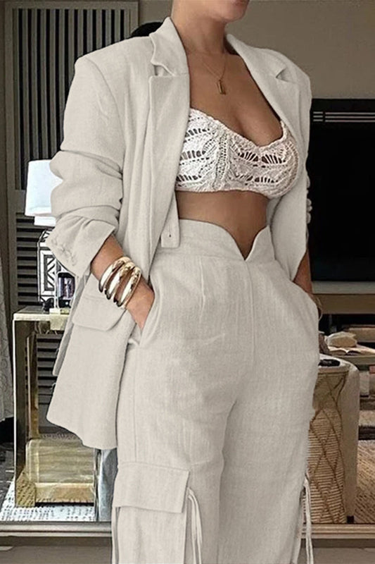 Conjunto informal de dos piezas con cuello vuelto, manga larga y bolsillos sólidos (sin tirantes)