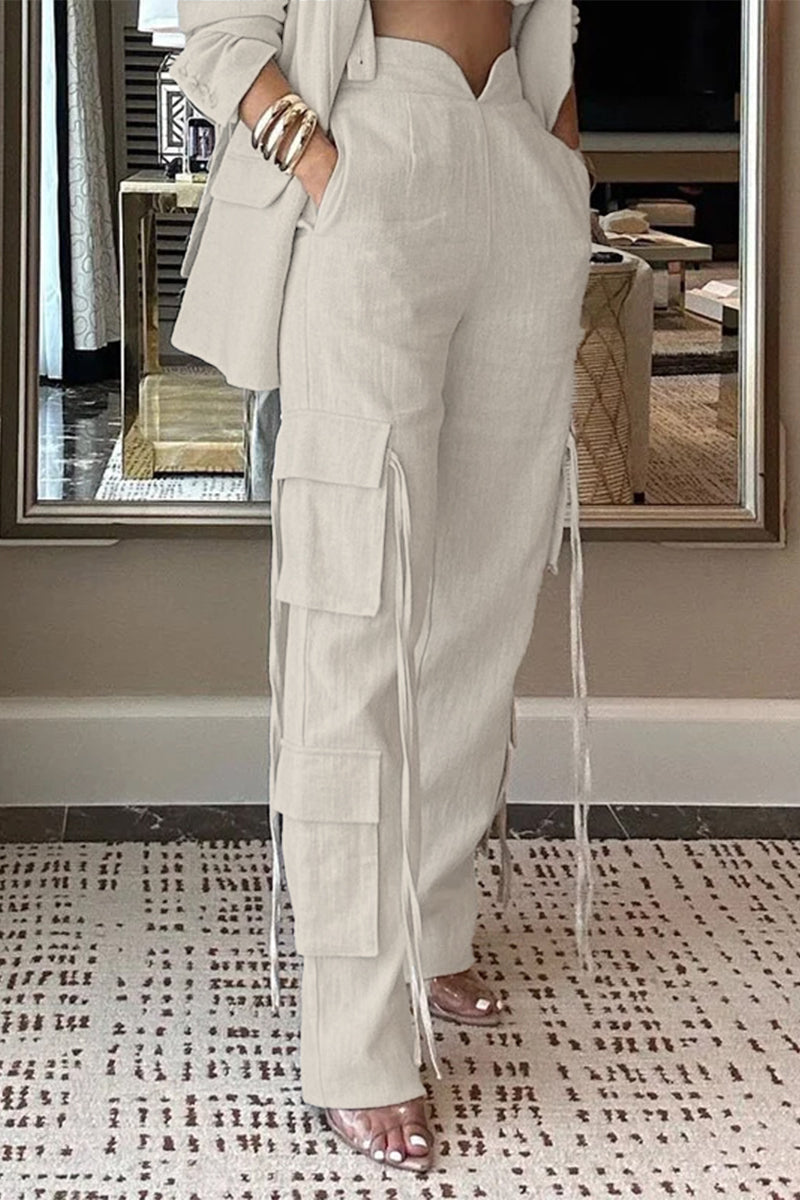 Conjunto informal de dos piezas con cuello vuelto, manga larga y bolsillos sólidos (sin tirantes)