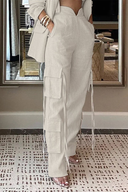 Conjunto informal de dos piezas con cuello vuelto, manga larga y bolsillos sólidos (sin tirantes)