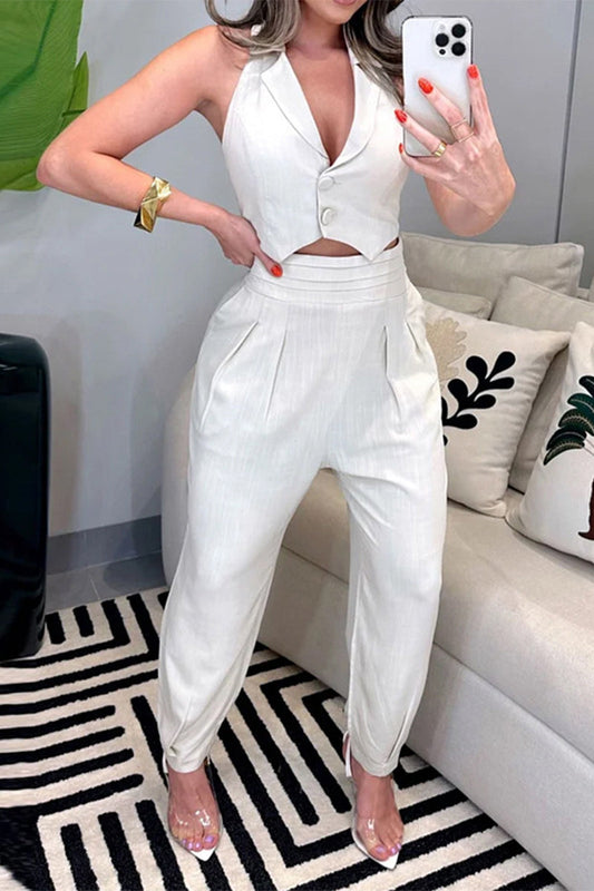 Conjunto informal de dos piezas con cuello en V, sin mangas y estampado de estilo británico
