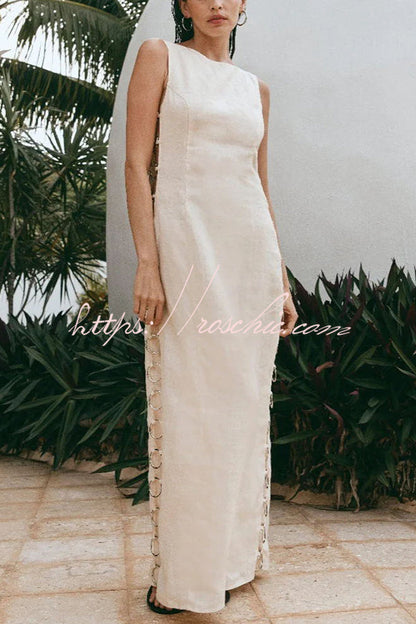 Glimmer of Hope Linen Blend Unique Print Side Hollow Ring Design Maxi Dress