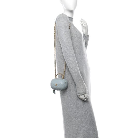 Lambskin Quilted CC Bubble Vanity Case With Chain Light Blue