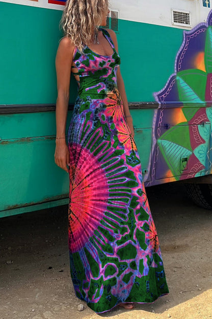 Vestido largo elástico con cordones en la espalda y estampado tie-dye de La Bamba
