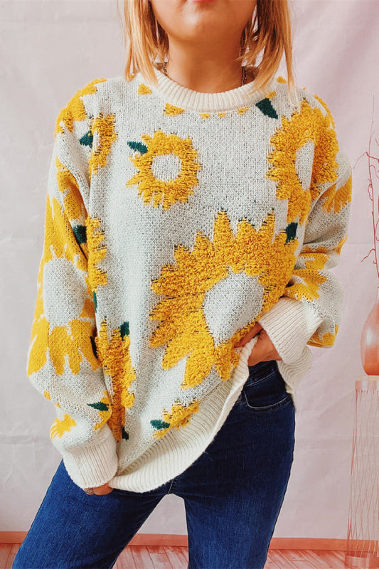Suéter de punto de manga larga con cuello redondo y estampado de jacquard de girasol