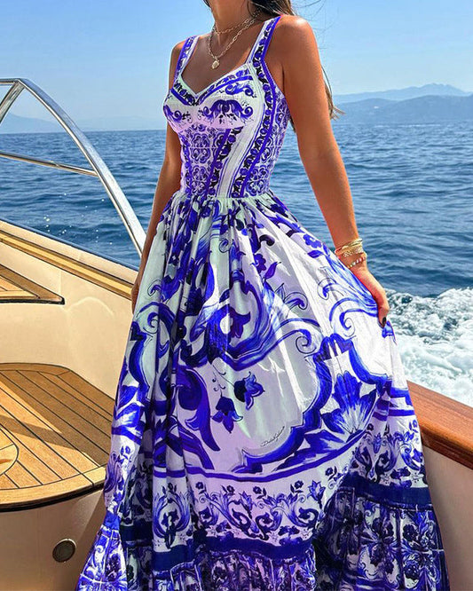Swing Mid-Length Printed Suspender Dress