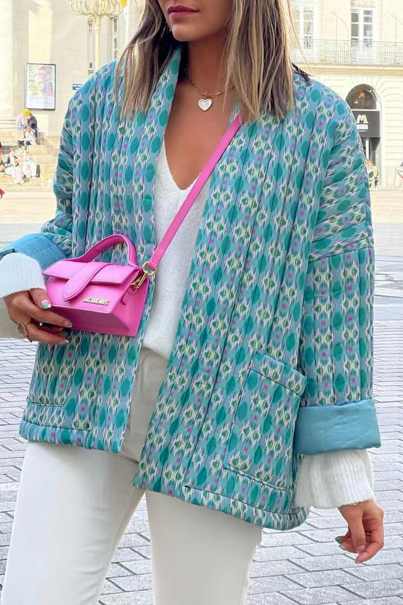 Elegante cárdigan con cuello de bolsillo y parches geométricos