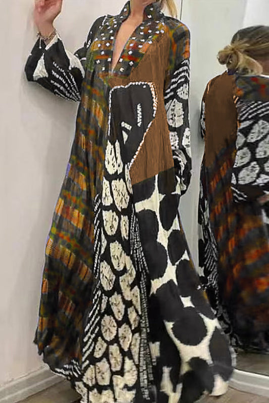 Vestido casual vintage con estampado de bolsillo y cuello en V