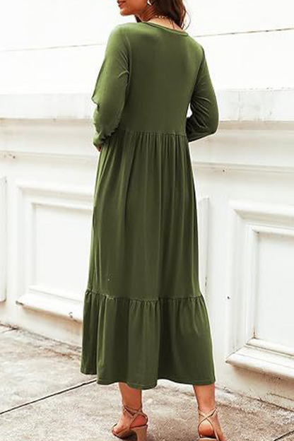 Vestidos casuales de corte A con cuello redondo, bolsillos y parches sólidos