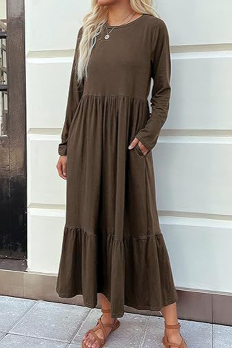 Vestidos casuales de corte A con cuello redondo, bolsillos y parches sólidos