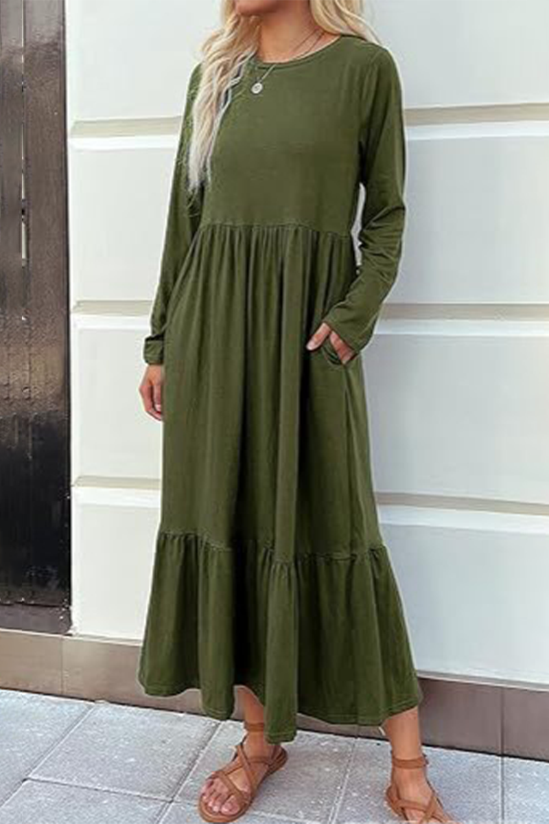 Vestidos casuales de corte A con cuello redondo, bolsillos y parches sólidos