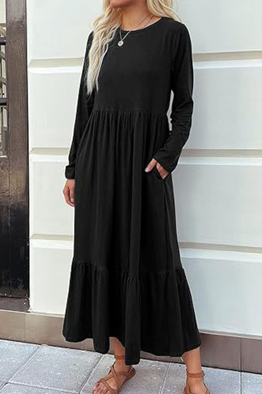 Vestidos casuales de corte A con cuello redondo, bolsillos y parches sólidos
