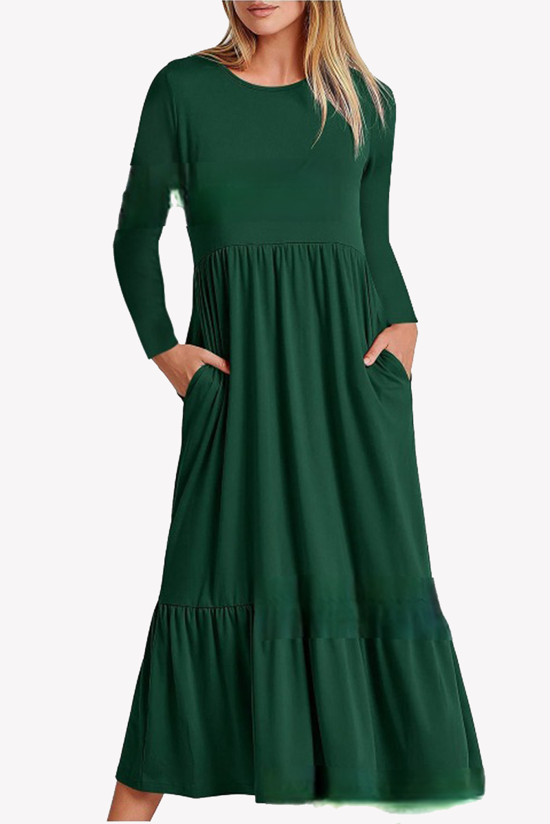 Vestidos casuales de corte A con cuello redondo, bolsillos y parches sólidos