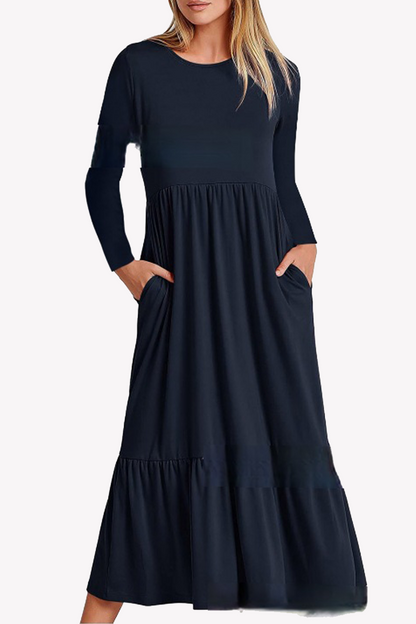 Vestidos casuales de corte A con cuello redondo, bolsillos y parches sólidos
