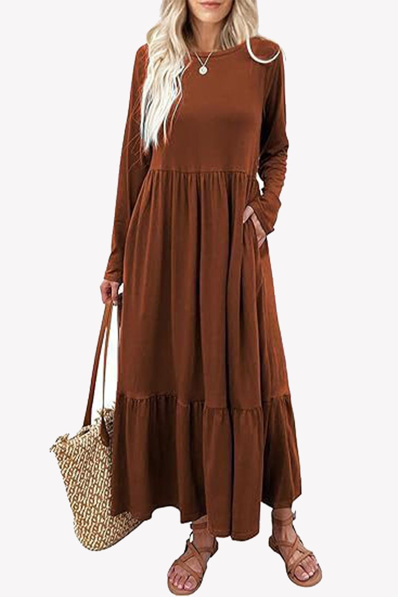 Vestidos casuales de corte A con cuello redondo, bolsillos y parches sólidos