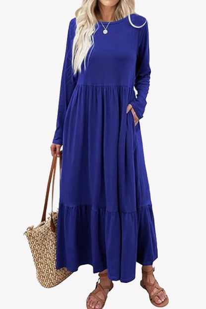 Vestidos casuales de corte A con cuello redondo, bolsillos y parches sólidos