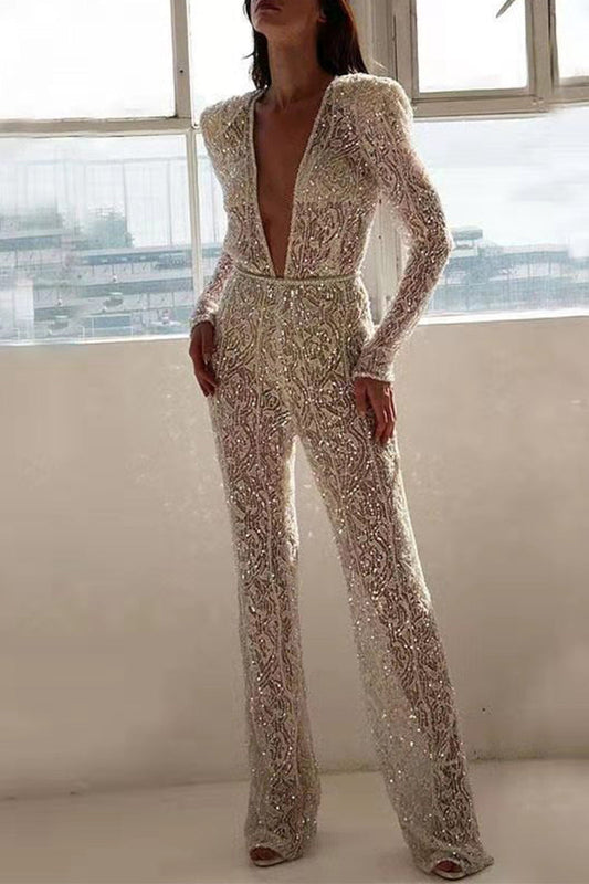 Mono sexy liso transparente con lentejuelas y escote en V regular