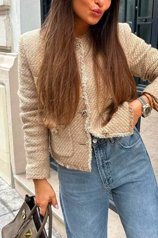 Prendas de abrigo elegantes de cuello redondo con botones y bolsillos lisos de celebridades