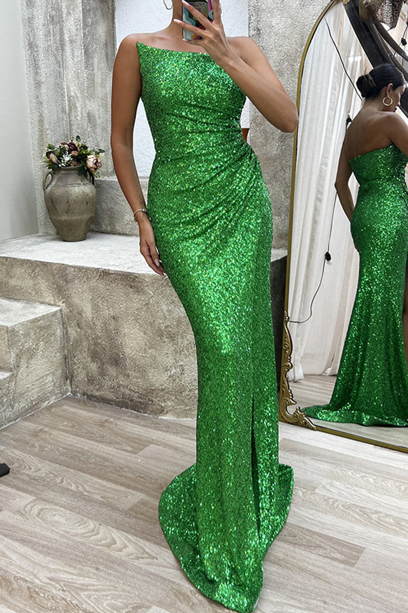 Vestido de noche sexy formal con abertura sólida y cuello oblicuo asimétrico