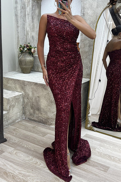 Vestido de noche sexy formal con abertura sólida y cuello oblicuo asimétrico