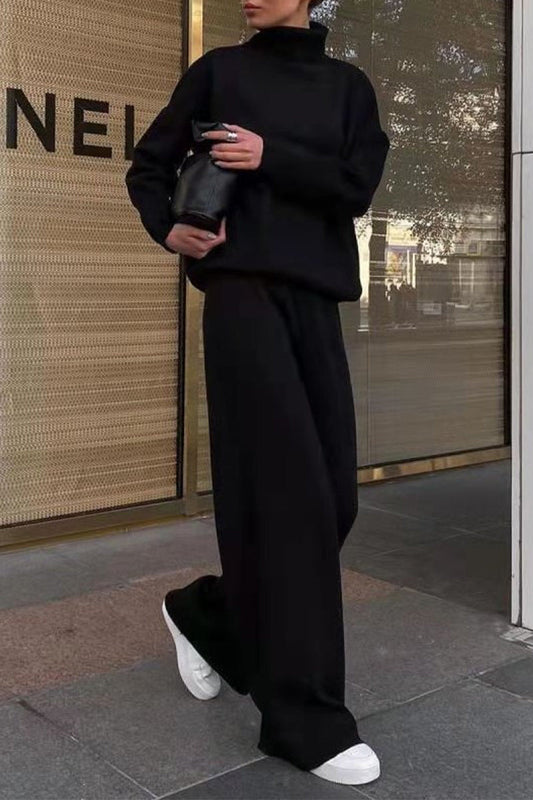 Conjunto de dos piezas de manga larga y cuello alto liso de estilo informal y sencillo