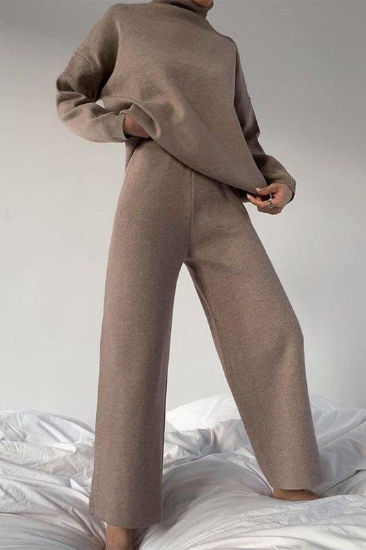 Conjunto de dos piezas de manga larga y cuello alto liso de estilo informal y sencillo