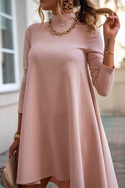 Vestidos casuales sencillos de cuello alto liso con manga larga