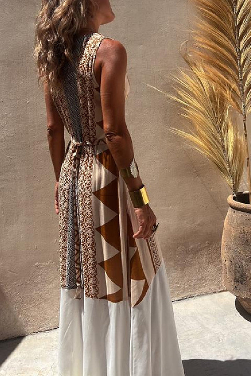 Vestido informal con cuello en V irregular y estampado geométrico de patchwork