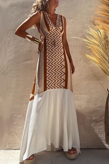 Vestido informal con cuello en V irregular y estampado geométrico de patchwork