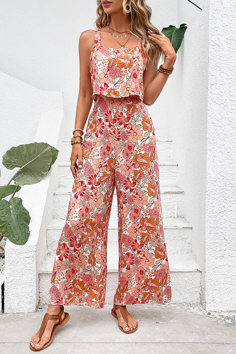 Monos casuales con cuello cuadrado, espalda descubierta y estampado floral