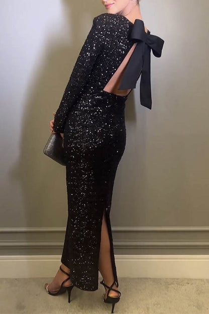 Vestido de noche sexy de lentejuelas sólidas con lazo y cuello redondo
