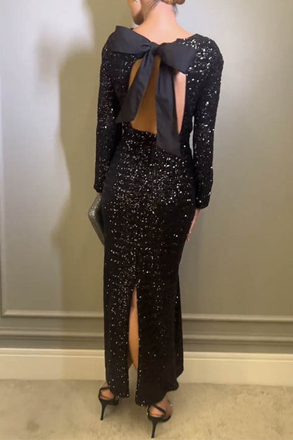 Vestido de noche sexy de lentejuelas sólidas con lazo y cuello redondo